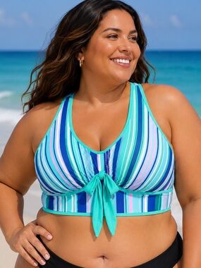 Rekita Striped Racerback Bikini Top Tie Front Wide Band 3XL